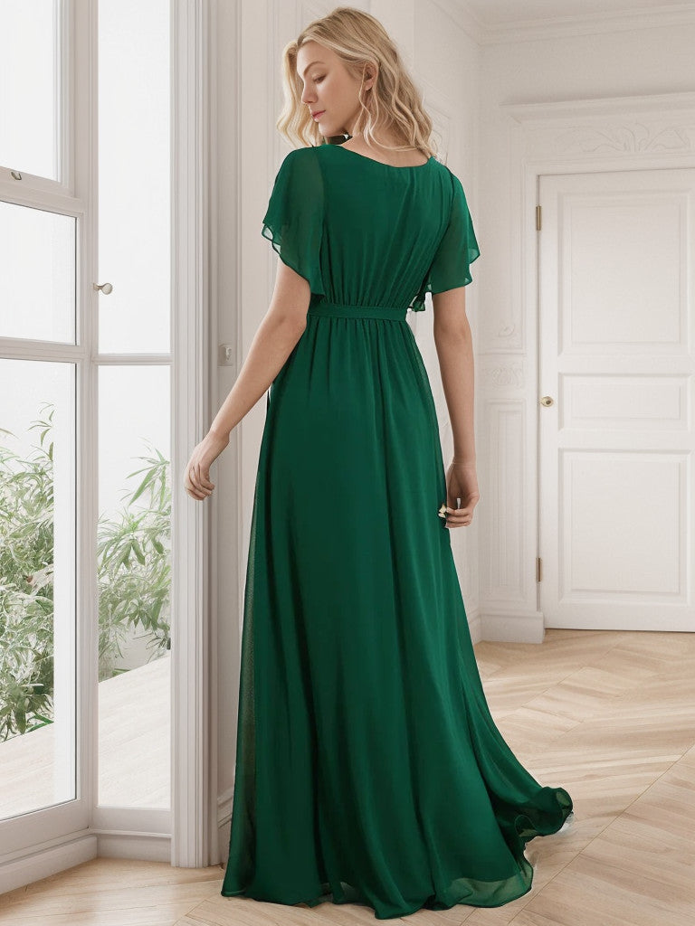 A-Line Pleated Chiffon Tie-Waist Evening Dress V-neck Party Dress