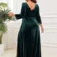 Plus Size Velvet Plunging V-Neck Front Slit 3/4 Sleeve Evening Dress Sexy