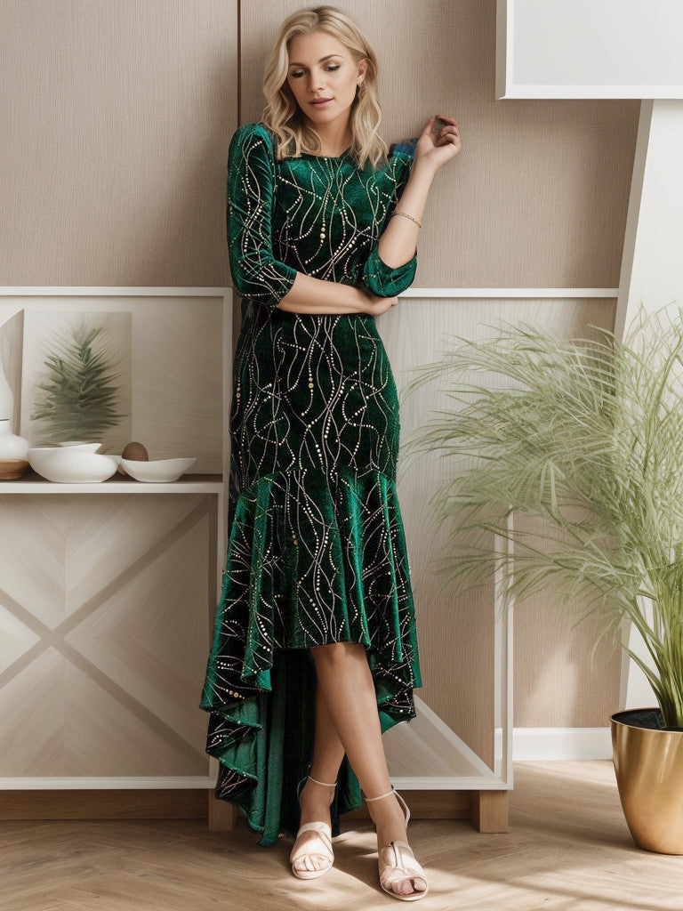 Women's Stylish Bodycon High-Low Velvet Party Dress Sparkly