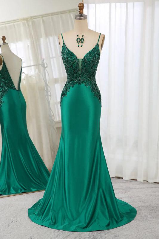 Mermaid Satin Prom Dress With Appliques Spaghetti Straps V-neck