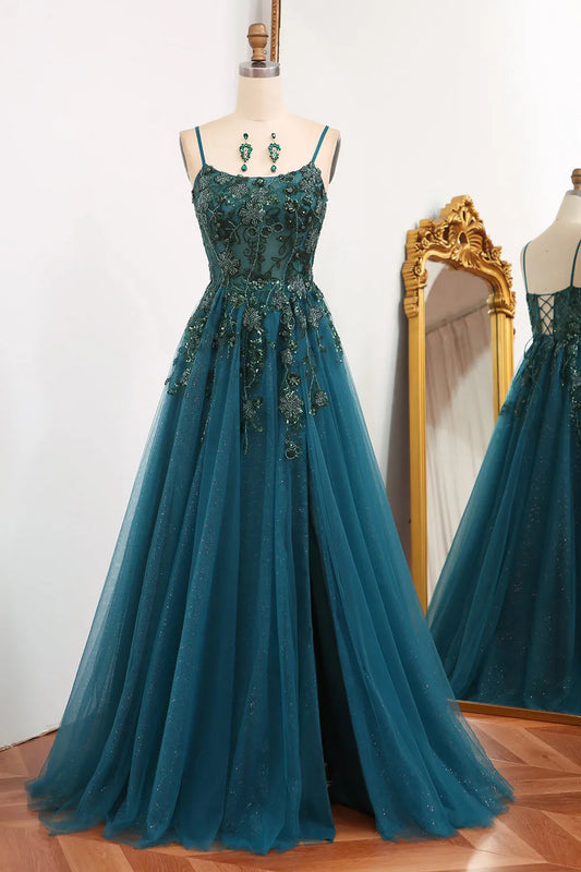 A-Line Tulle Long Appliqued Prom Dress With Slit Beautiful