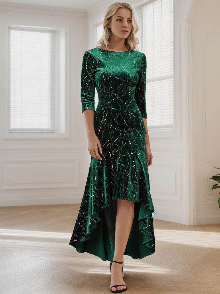 Women's Stylish Bodycon High-Low Velvet Party Dress Sparkly