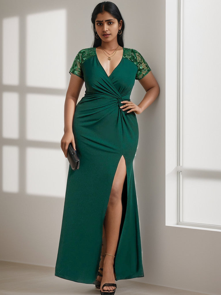Plus Size Front Slit Short Sleeve With Sequin Mother of the Bride Dress Sexy