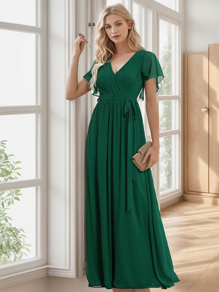 A-Line Pleated Chiffon Tie-Waist Evening Dress V-neck Party Dress