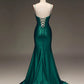 Spaghetti Straps Lace Up Long Tight Satin Prom Dress Dark Green