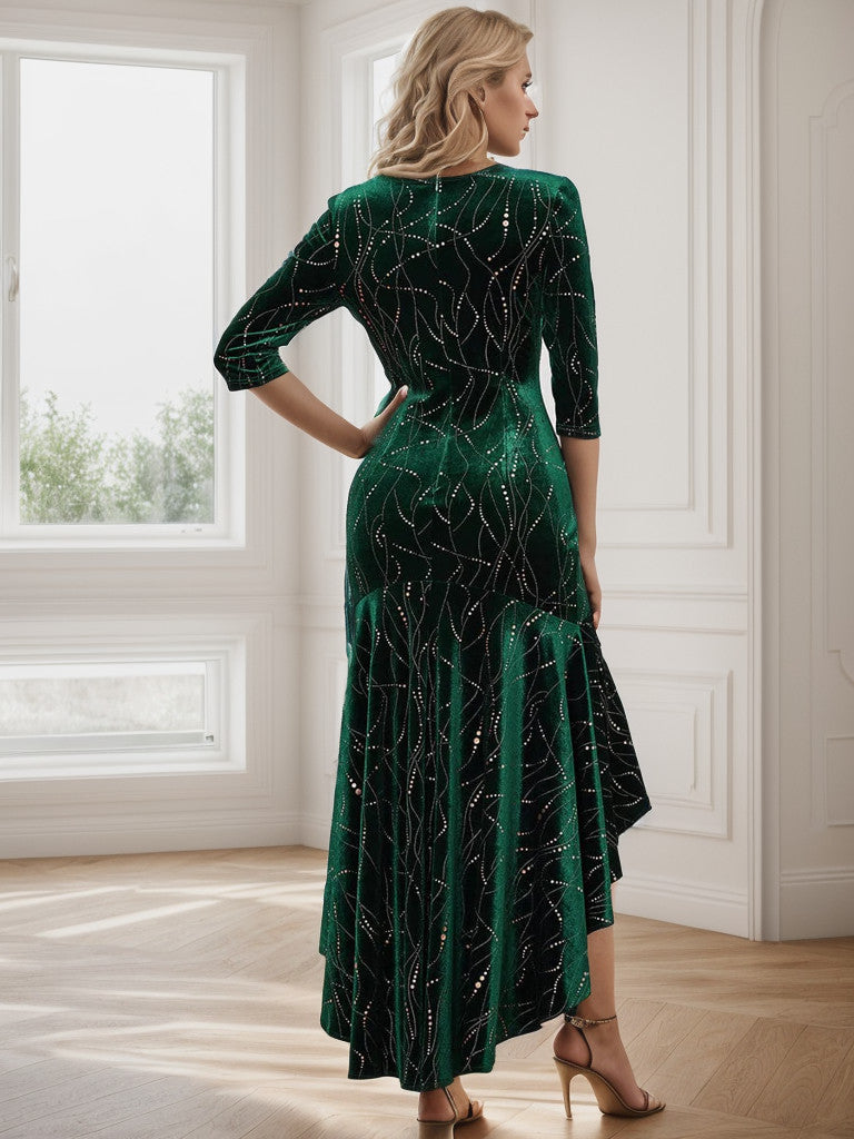 Women's Stylish Bodycon High-Low Velvet Party Dress Sparkly