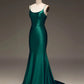 Spaghetti Straps Lace Up Long Tight Satin Prom Dress Dark Green