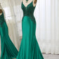 Mermaid Satin Prom Dress With Appliques Spaghetti Straps V-neck