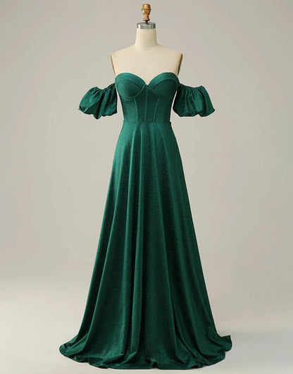 Dark Green A-Line Off The Shoulder Long Glitter Prom Dress