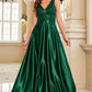 Navy Satin A Line Long Prom Dress Sparkly Evening Dresses
