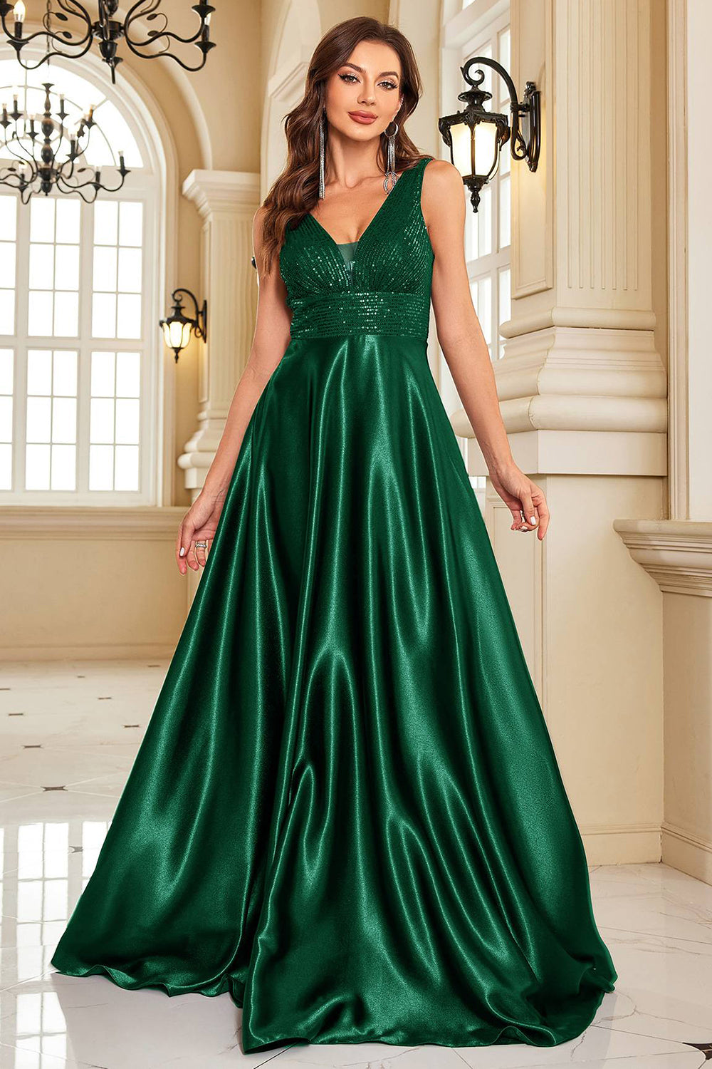 Navy Satin A Line Long Prom Dress Sparkly Evening Dresses