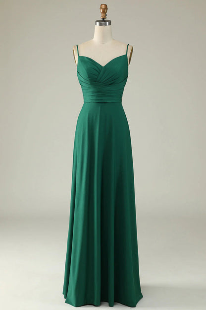 Spaghetti Straps Long Prom Dress V-neck Pure Color Dark Green