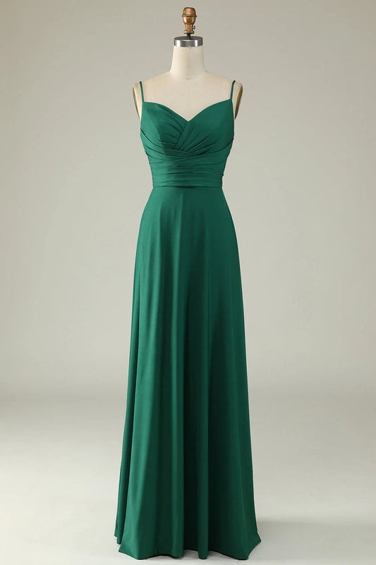 Spaghetti Straps Long Prom Dress V-neck Pure Color Dark Green