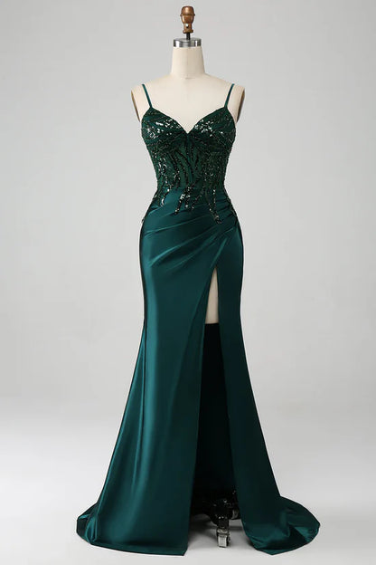 Sparkly Dark Green Mermaid Sequin Pleated Corset Prom Dress With Slit Evening Dress