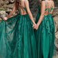 Dark Green A Line Spaghetti Straps Tulle Formal Dress with Slit Sexy Sparkly