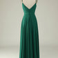 Spaghetti Straps Long Prom Dress V-neck Pure Color Dark Green