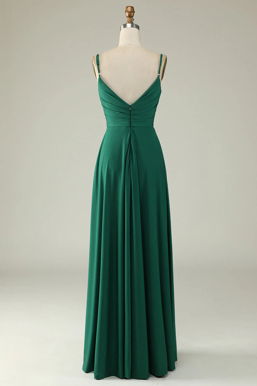 Spaghetti Straps Long Prom Dress V-neck Pure Color Dark Green