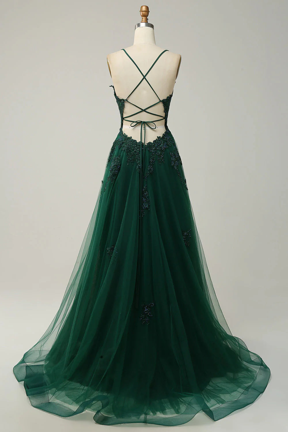 Straps Back Long Prom Dress with Appliques V-neck Sexy