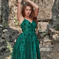 Dark Green A Line Spaghetti Straps Tulle Formal Dress with Slit Sexy Sparkly