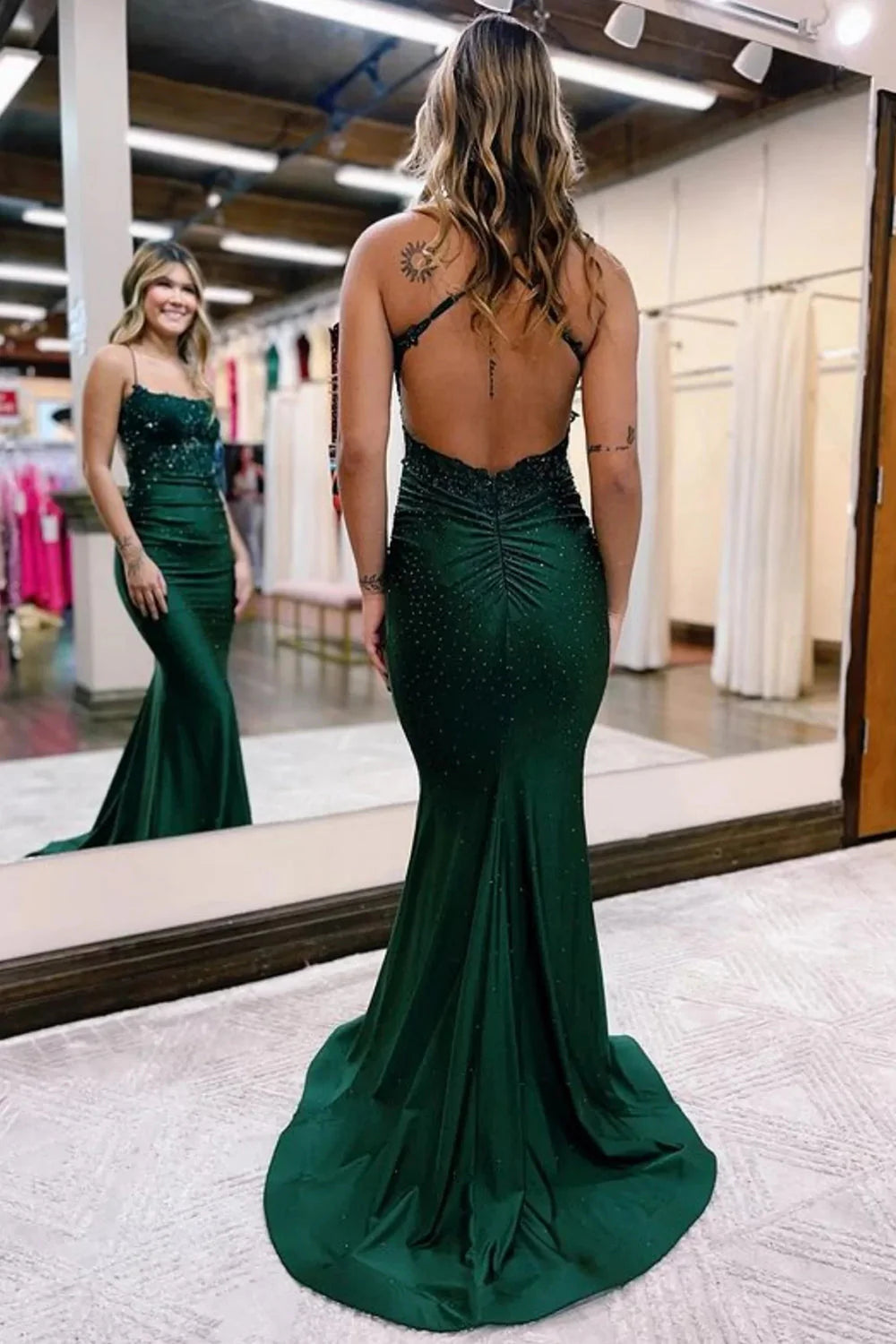 Dark Green Beaded Long Prom Dress with Appliques Sexy