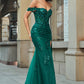 Dark Green Mermaid Off The Shoulder Applique Prom Dress with Slit Sexy Evening Dresses