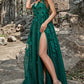 Dark Green A Line Spaghetti Straps Tulle Formal Dress with Slit Sexy Sparkly