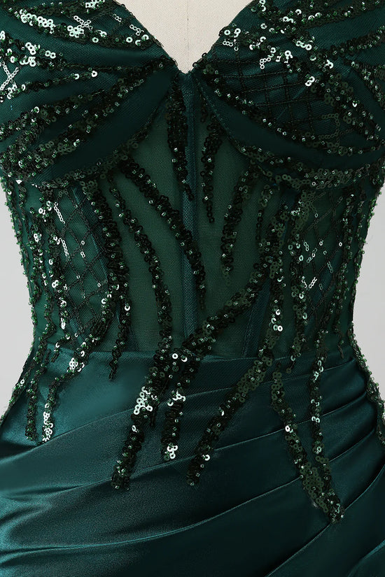 Sparkly Dark Green Mermaid Sequin Pleated Corset Prom Dress With Slit Evening Dress