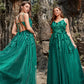 Dark Green A Line Spaghetti Straps Tulle Formal Dress with Slit Sexy Sparkly