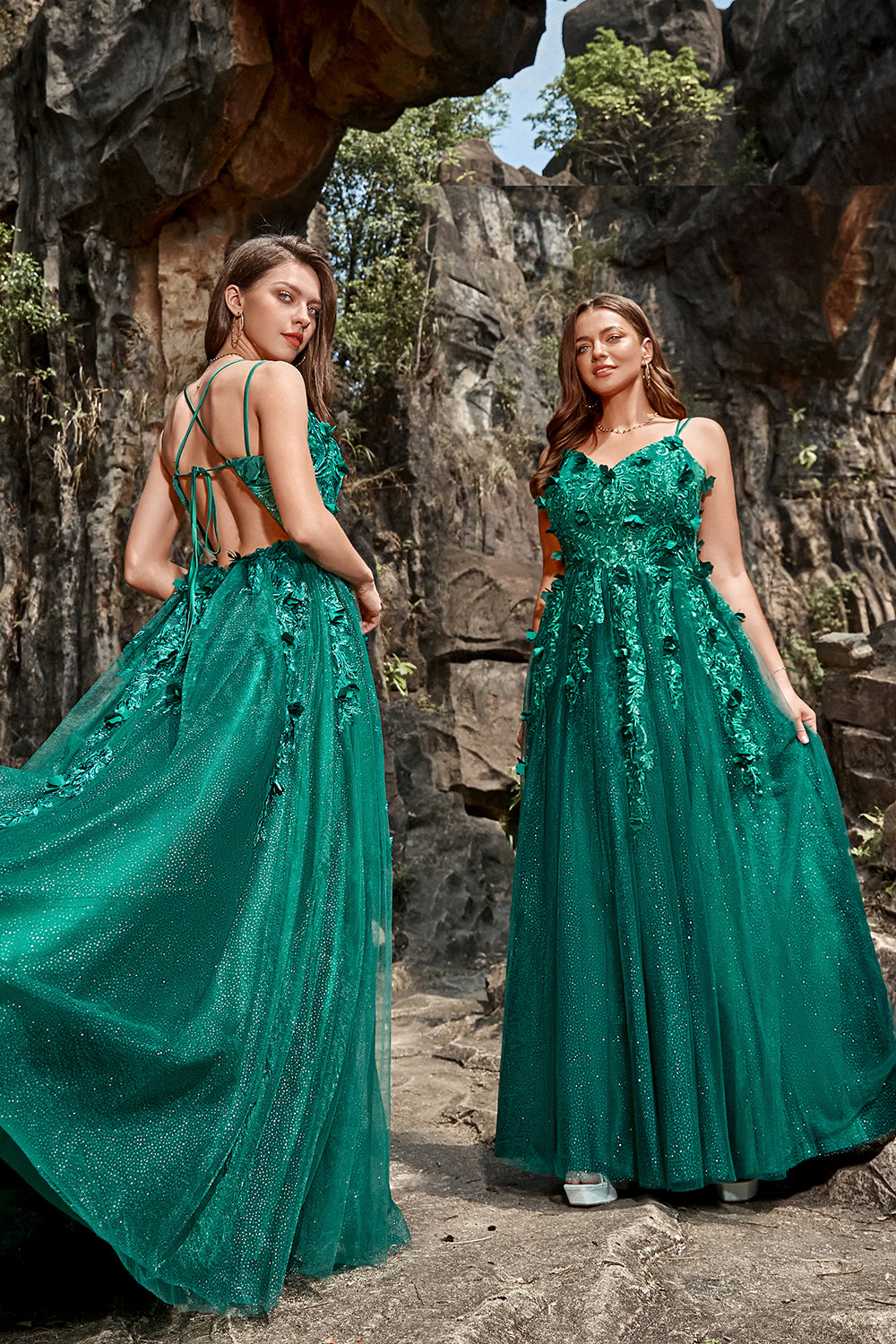 Dark Green A Line Spaghetti Straps Tulle Formal Dress with Slit Sexy Sparkly