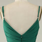 Spaghetti Straps Long Prom Dress V-neck Pure Color Dark Green