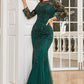 Dark Green Mermaid Beading Prom Dress with Long Sleeves Sexy Evening Dresses