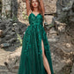 Dark Green A Line Spaghetti Straps Tulle Formal Dress with Slit Sexy Sparkly