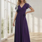 A-Line Pleated Chiffon Tie-Waist Evening Dress V-neck Party Dress