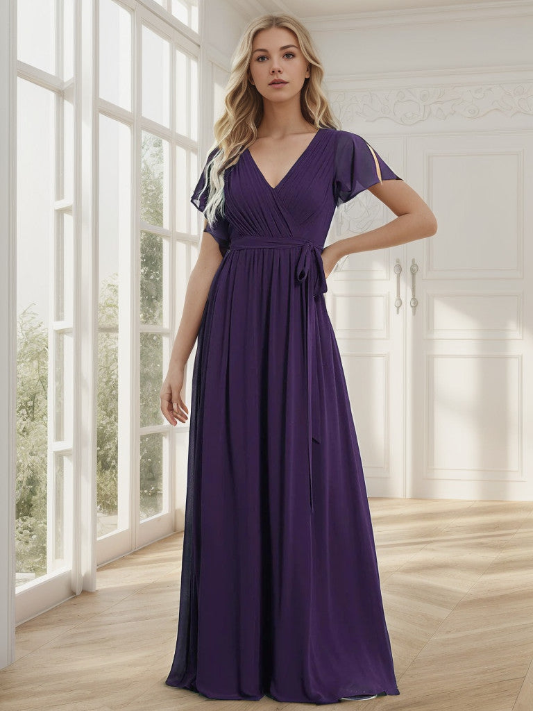 A-Line Pleated Chiffon Tie-Waist Evening Dress V-neck Party Dress