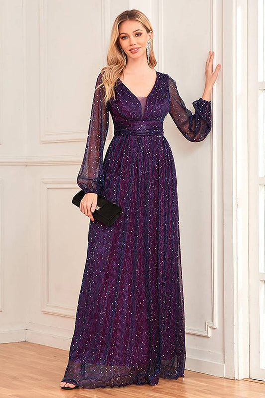 Sparkly Dark Purple Tulle Long Prom Dress Sexy Evening Dresses