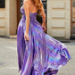 Sparkly Purple A-Line Halter Pleated Prom Dress with Slit Sexy Evening Dresses