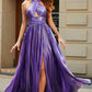 Sparkly Purple A-Line Halter Pleated Prom Dress with Slit Sexy Evening Dresses