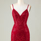 Sparkly Dark Red Sequins Spaghetti Straps Tight Short Homecoming Dress V-neck