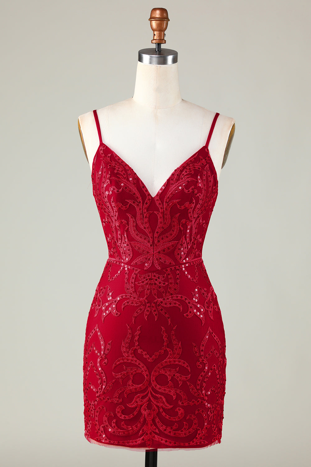 Sparkly Dark Red Sequins Spaghetti Straps Tight Short Homecoming Dress V-neck