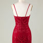 Sparkly Dark Red Sequins Spaghetti Straps Tight Short Homecoming Dress V-neck