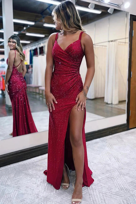 One Shoulder Sheath Long Prom Dress with Slit Sparkly Sexy