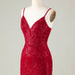 Sparkly Dark Red Sequins Spaghetti Straps Tight Short Homecoming Dress V-neck