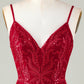 Sparkly Dark Red Sequins Spaghetti Straps Tight Short Homecoming Dress V-neck