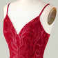 Sparkly Dark Red Sequins Spaghetti Straps Tight Short Homecoming Dress V-neck