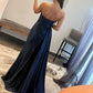 A Line Sweethaert Navy Blue Long Prom Dress with Split Front Sexy Evening Dresses