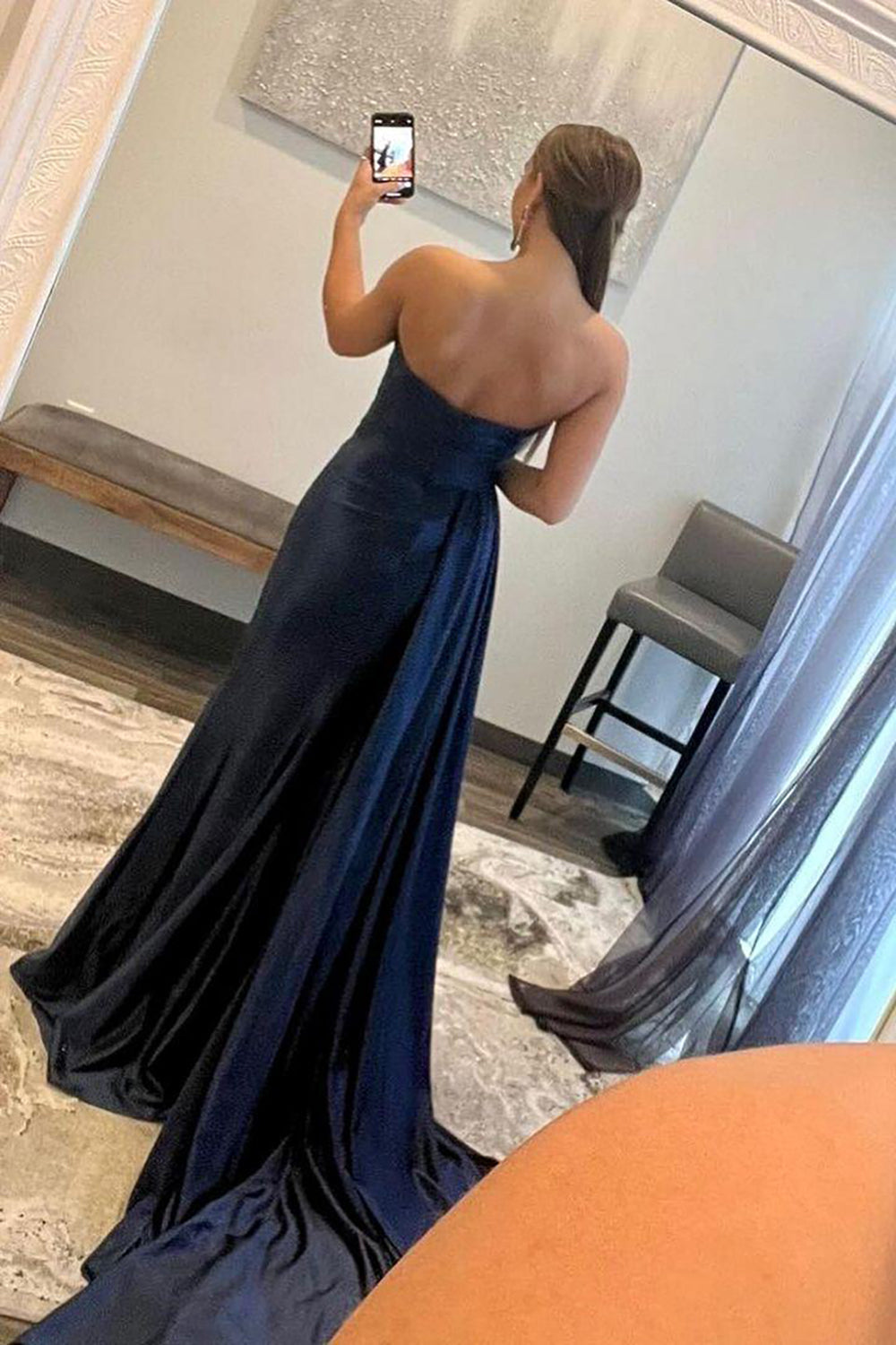 A Line Sweethaert Navy Blue Long Prom Dress with Split Front Sexy Evening Dresses