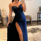 A Line Sweethaert Navy Blue Long Prom Dress with Split Front Sexy Evening Dresses