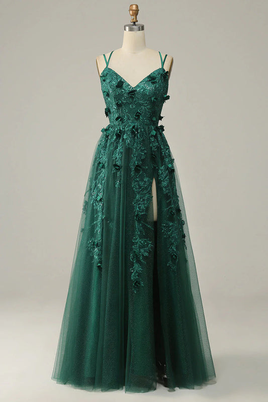 Dark Green A-Line Tulle Long Prom Dress with Slit V-neck Sexy