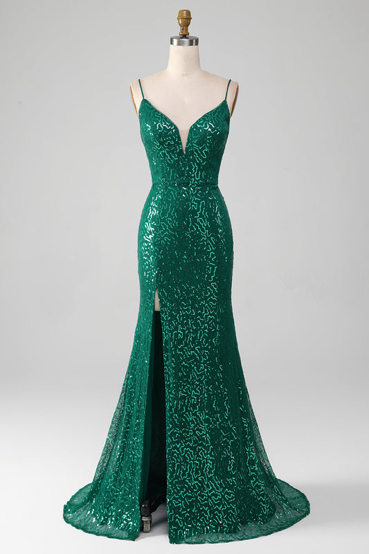 Dark Green Mermaid Sparkly Beaded Sequins Long Prom Dress with Slit Sexy Evening Dresses