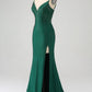 Sparkly Light Blue Mermaid Spaghetti Straps Beaded Long Prom Dress with Slit Sexy Evening Dresses